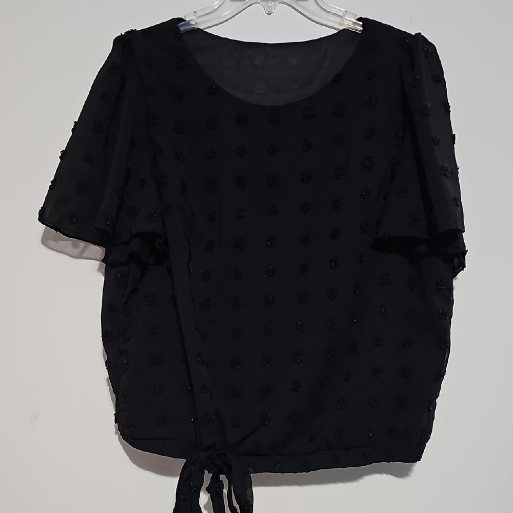 SHEIN Black Textured Blouse With Tie At Hem Sz Xl 12 Fully Lined